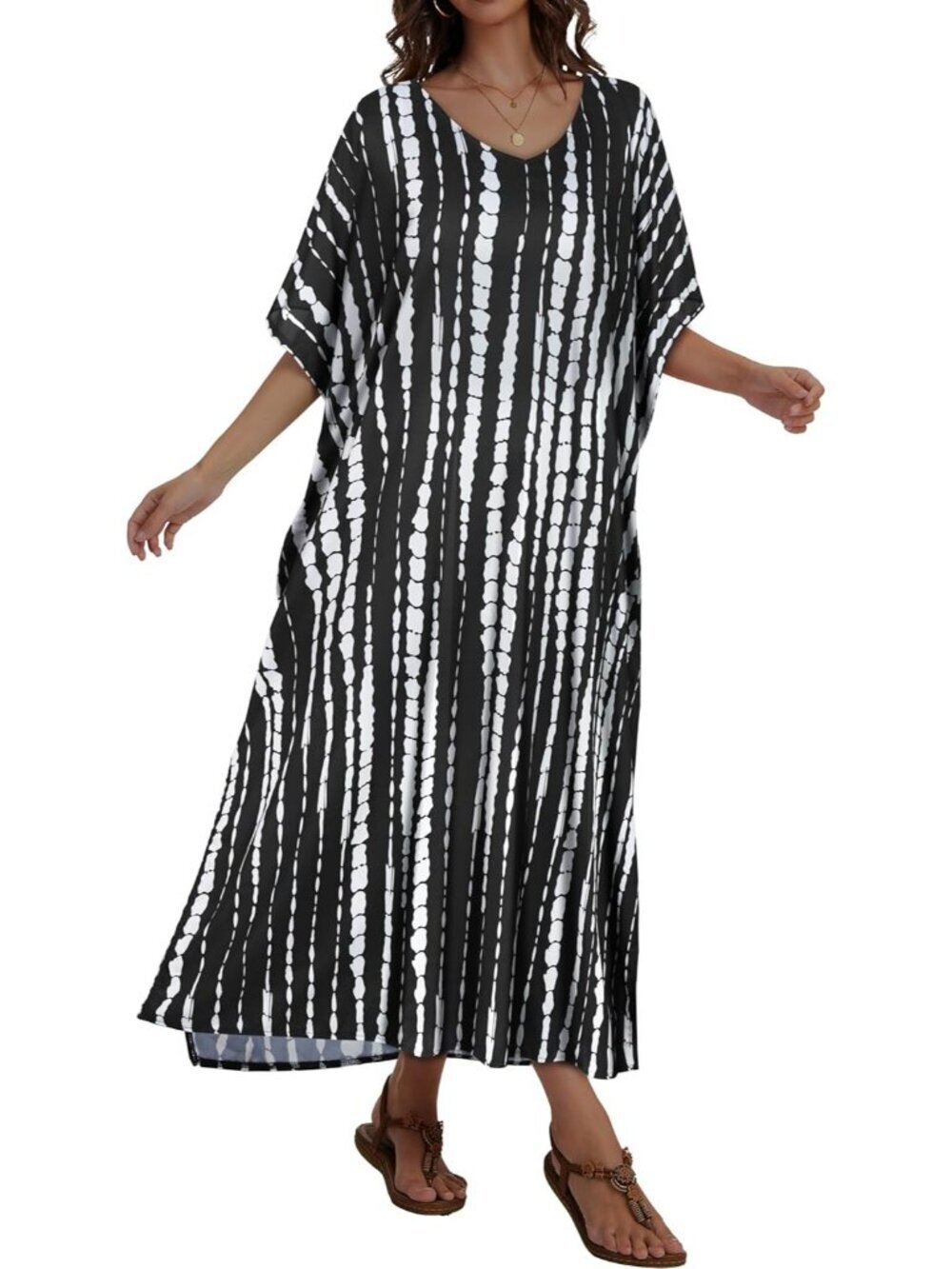 〽️Women Black White Stripes Plus Size V Neck Caftan Long Batwing Sleeve Cover Up